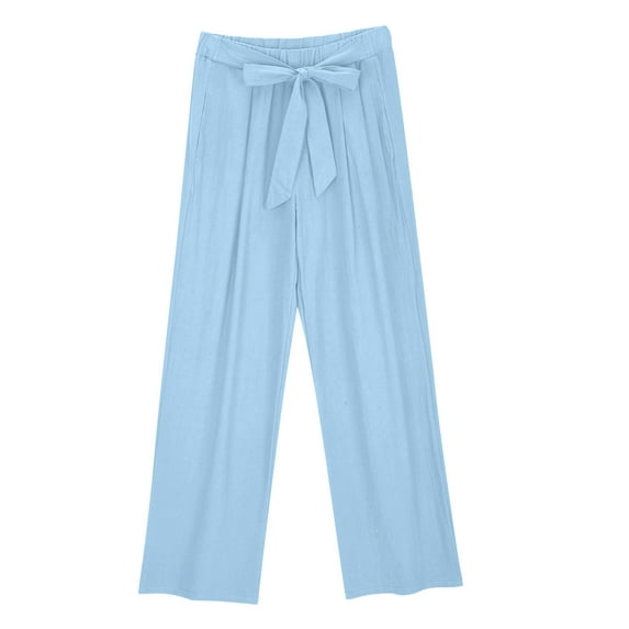 Amkhujs Sizes XXXL-X5 Full Length Pants Women'S Spring Solid Color Lace-Up with and Linen All Straight Leg Casual, Gifts for Family, Sky Blue