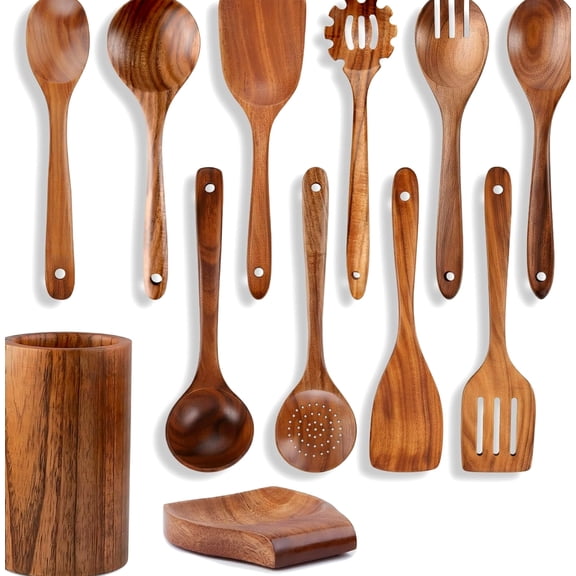Sizle Masters 12-Piece Teak Wood Cooking Utensils, Non-Slip Spoon Holder & Storage Bucket, Large Kitchen Tool Set