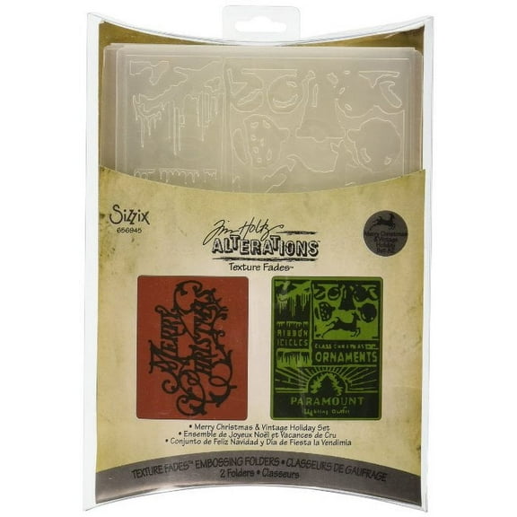 Sizzix Texture Fades Embossing Folders 2PK - Merry Christmas & Vintage Holiday Set by Tim Holtz