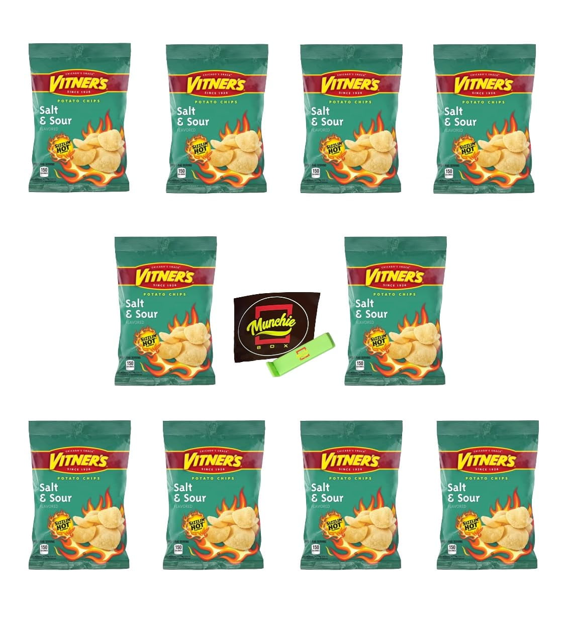 Sizzlin' Hot Salt and Sour Chips 10 pack 1 oz. Bags Chicago Snack