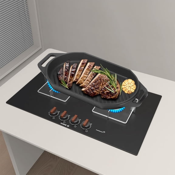 Sizzling Plate with Wooden Base for Pizza Oven and BBQ Accessories, Grizzler Pans for Outdoor BBQ Camping, 12 Inch Cast Iron Oval Pizza Pan with Removable Handle for Kitchen Stove Top, Gifts for Men