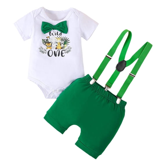 Sjldqy Baby Boys 1St Birthday Outfit Cute Breathable Short Sleeve Crew Neck Bodysuit Suspenders Shorts Party Outfits For Boys Size 0-3 Months Green