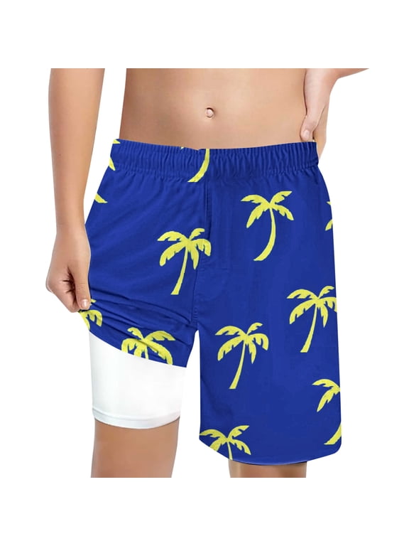 Boys Swimsuit Tropical Print High Waisted Swim Trunks Beach Shorts With Liner Swimwear Quick Dry Breathable Boys Bathing Suit Size 10-12 Years Blue