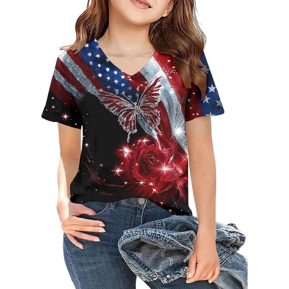 Sjldqy Girls 4th Of July Shirt Breathable Vintage Rhinestone Star Graphic Tee Short Sleeve V Neck Summer Patriotic Top For Girls Size 11-12 Years Black