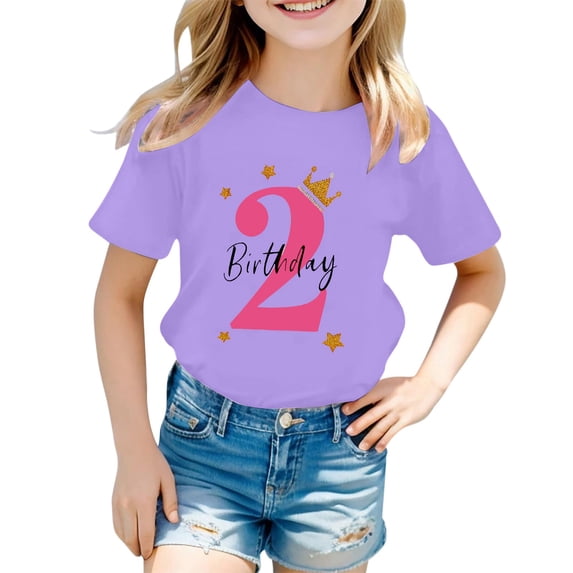 Sjldqy Girls T-Shirts 2Nd Birthday Shirt Girl Letter Printed Graphic Tee With Short Sleeves Soft Stretch Comfortable Dailywear Summer Tops For Girls Size 12-13 Years Purple