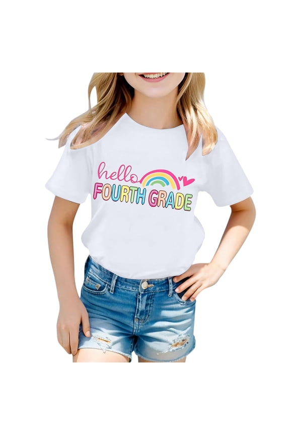 Girls T-Shirts Breathable Letter Printed Graphic Tee With Short Sleeve Fourth Graders Back To School Summer Tops For Girls Size 8-9 Years White