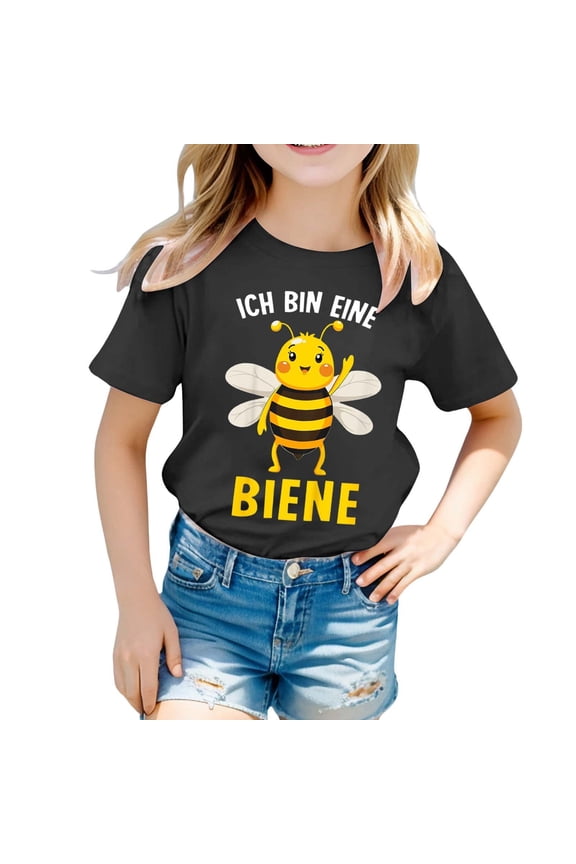 Girls T-Shirts Letter Printed Bee Graphic Tee With Short Sleeve Soft Comfortable Casual Dailywear Summer Tops For Girls Size 8-9 Years Black