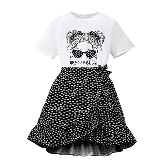 Sjldqy Little Girls' Clothing Set Summer Leisure Breathable Crew Neck Cartoon Print Short Sleeve T-Shirt And Polka Dot Skirt Girls Outfits Size 5-6 Years Black