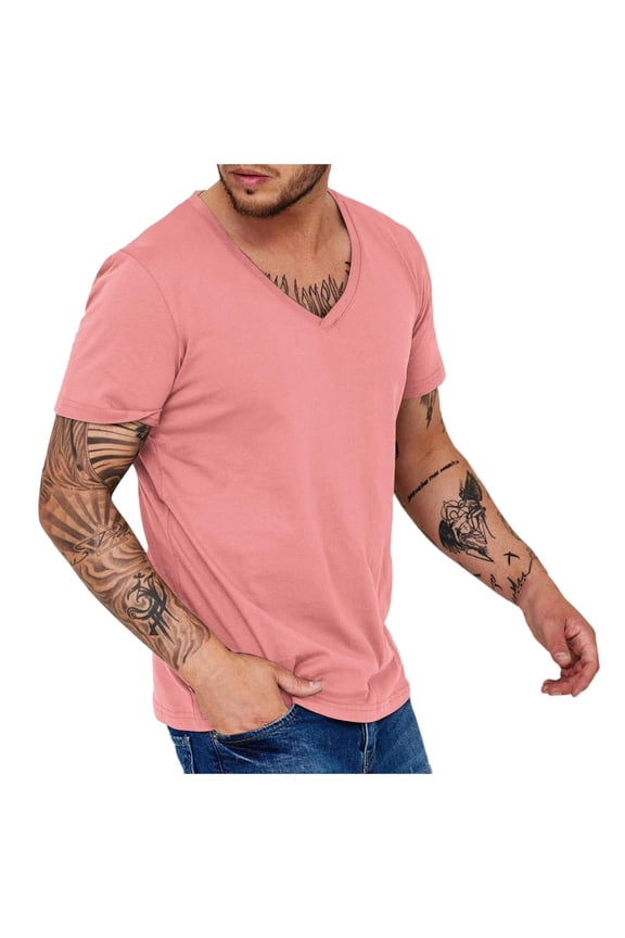 Mens Shirts Solid Color Short Sleeve V Neck Gym Workout Shirt Summer Top Stretch Quick Dry T Shirts For Man Size 3Xl Pink