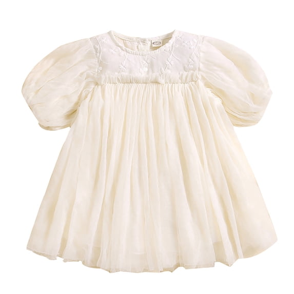 Sjldqy Baby Girls Dresses Puff Sleeve Crew Neck Solid Color Tiered Tulle Tutu Dress Lace Trim Loose Comfy Summer Formal Dress For Girls Size 3-6 Months White