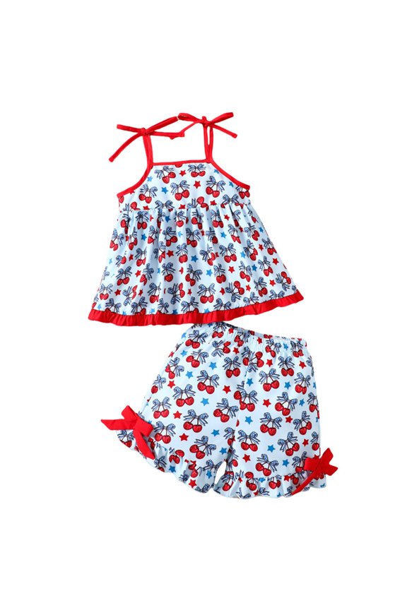 Newborn Baby Girls Outfit Set Summer Soft Sweet Bow Print Square Neck Sleeveless Ruffles Tank Top And Shorts 2 Piece Set Size 6-12 Months Red