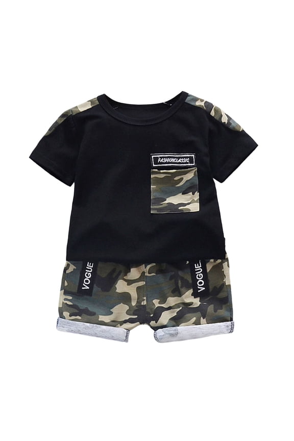 Outfit Sets For Boys 2 Piece Athleisure Set Crew Neck Short Sleeve Tee With Pocket Camo Shorts Breathable Daily Wear Kids Clothes Sets Size 18-24 Months Black