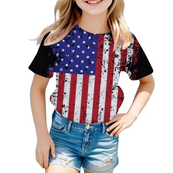 Sjldqy T Shirts For Girls 4Th Of July Short Sleeve Tee American Flag Print Red White Blue Striped Crew Neck Kids T Shirt Size 11-12 Years Blue