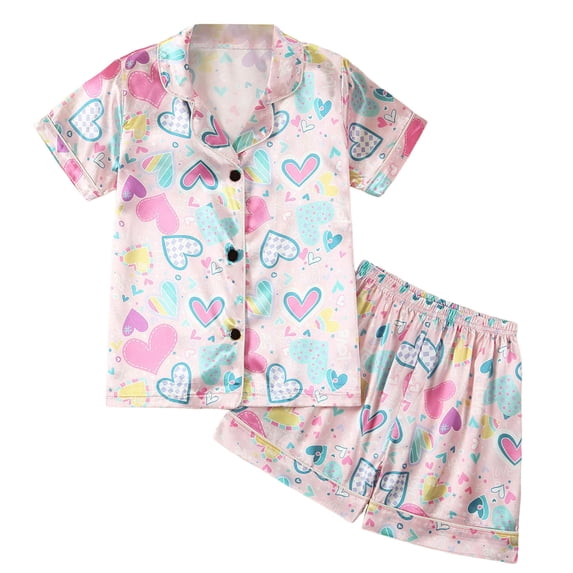 Sjldqy Toddler Girls Summer Outfits Breathable Loose Hearts Print Collared Short Sleeve Button Down Shirt And Shorts Loungewear 2 Piece Set Size 3-4 Years