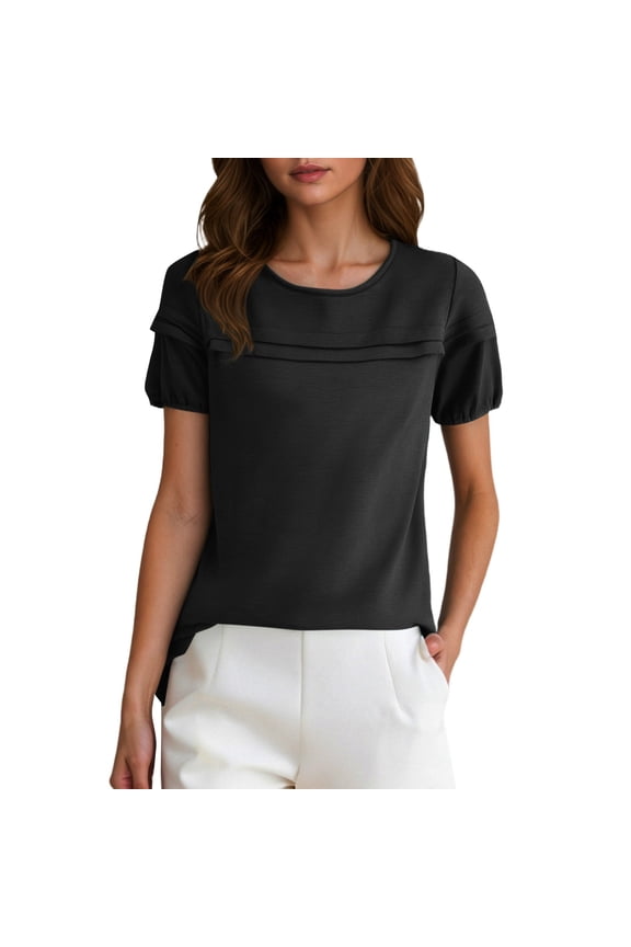 Womens T Shirts Puff Sleeve Crew Neck Solid Blouse Ruffle Trim Tunic Top Loose Fit Casual Breathable Summer Tops Shirts For Women Size L Black