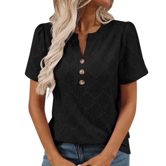 Sjldqy Womens T Shirts Puff Sleeve Henley Solid Embroidery Blouse Casual Top Loose Fit Lightweight Summer Tops Shirts For Women Size L Black