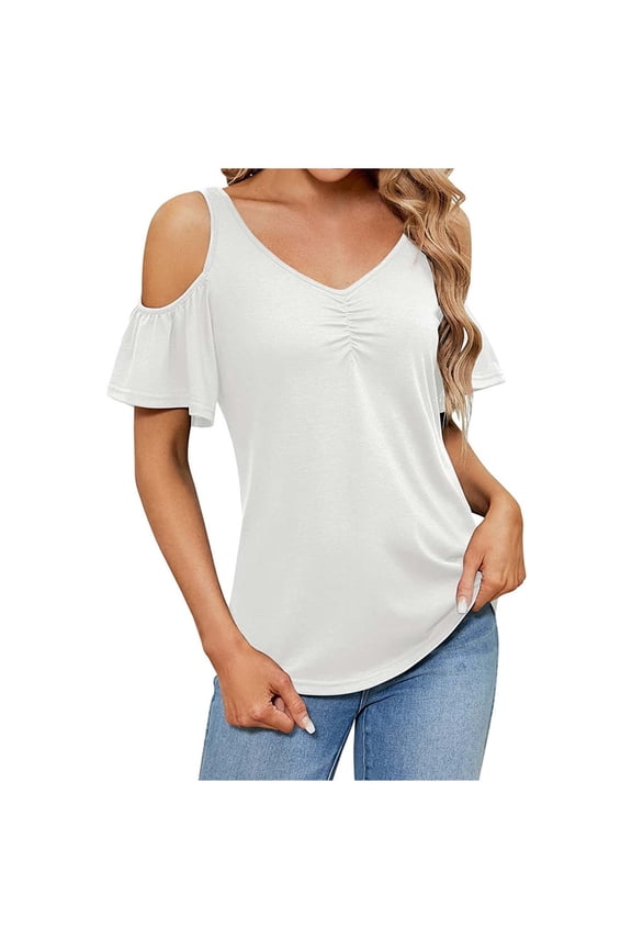 Womens T Shirts Ruffle Sleeve V Neck Solid Blouse Casual Cold Shoulder Ruched Top Sweet Breathable Trendy Summer Tops Shirts For Women Size L White