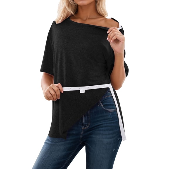 Sjldqy Womens T Shirts Short Sleeve Crew Neck Solid Post Shoulder Surgery Shirt Full Open Snap Recovery Adaptive Clothing Soft Breathable Summer Tops Shirts For Women Size L Black
