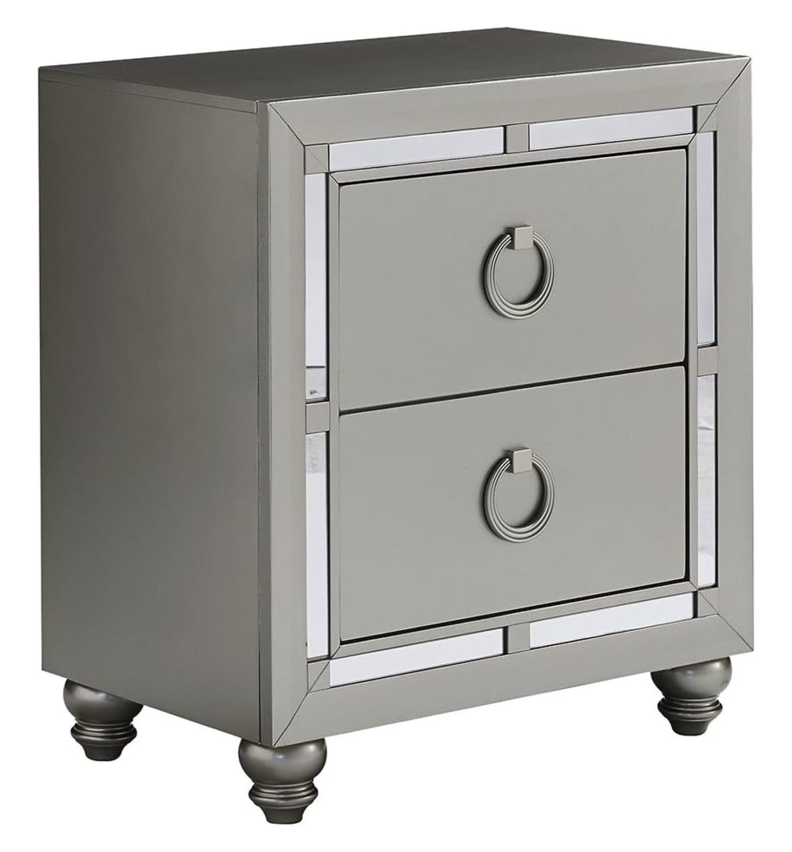 Silver Mirrored 2-Drawer Nightstand with Ring Pulls