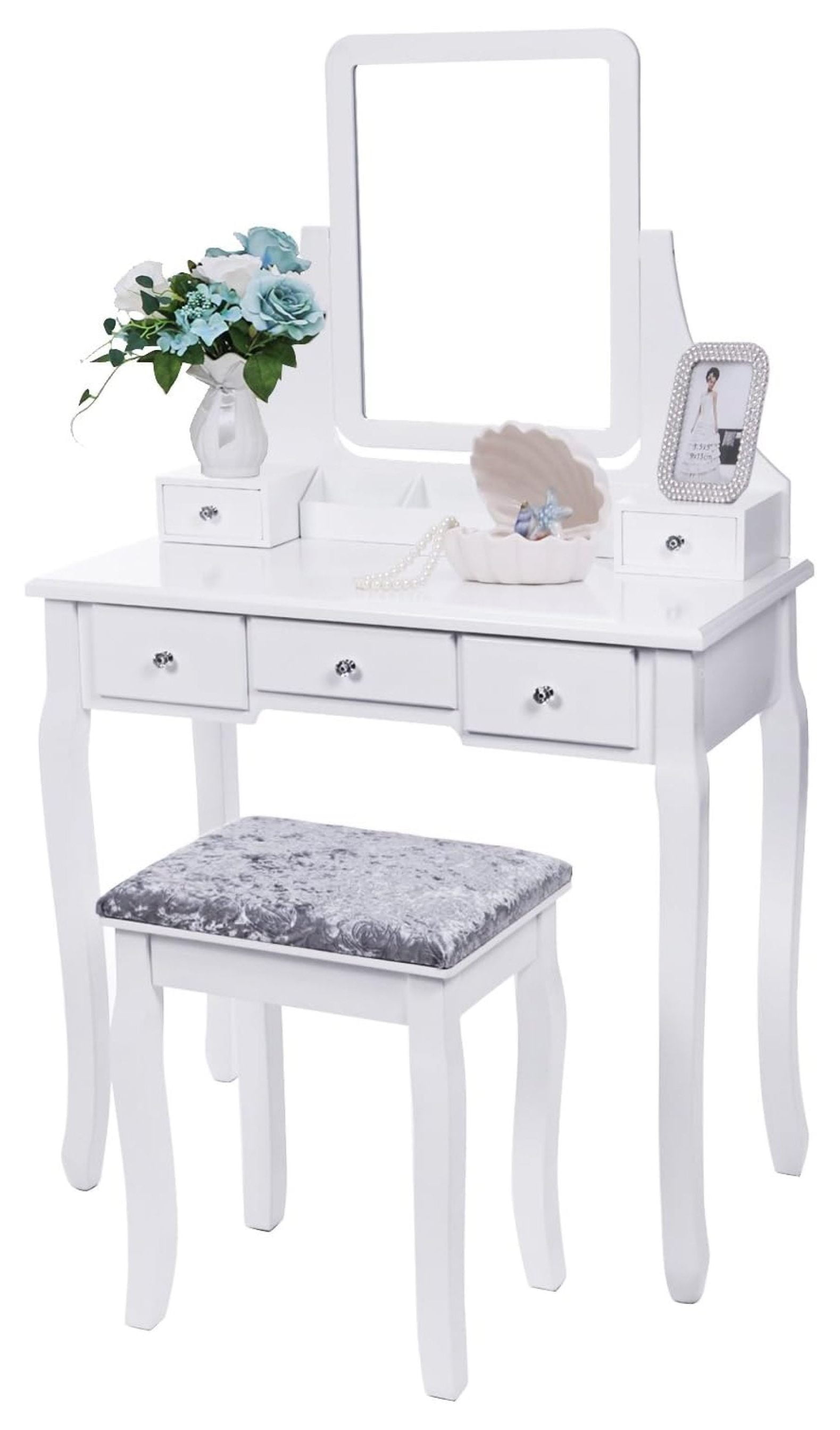 White Engineered Wood Vanity Set with Mirror and Cushioned Stool
