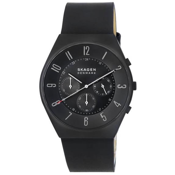 Skagen Grenen Chronograph Midnight Leather Strap Black Dial Quartz Mens Watch, Black - Adult