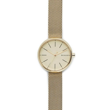 Skagen Ladies' Signatur Gold-Tone Steel-Mesh Watch (SKW2614) and Fossil Ladies' 12mm Standard Leather Watch Strap, Brown (SKB2020) bundle.