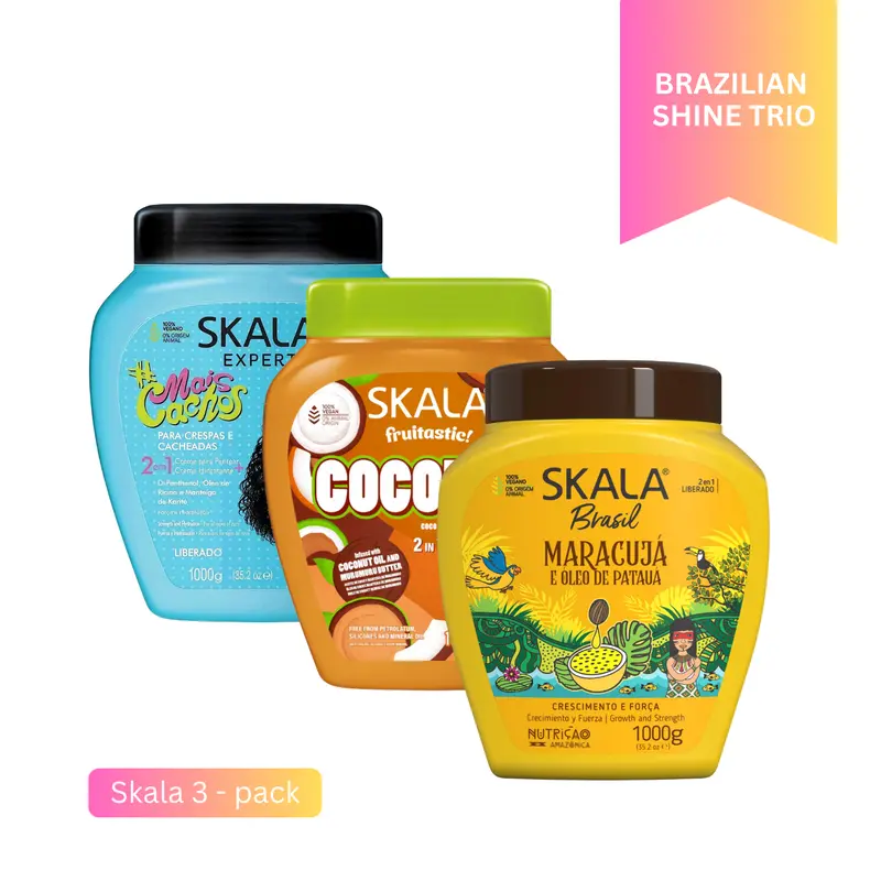 Skala Brazilian Shine Trio – 3-Pack Hair Mask Set Skala Mais Cachos + Skala Coconut + Skala Maracujá & Pataua – Deep Nourishment, Strength & Shine for All Hair Types