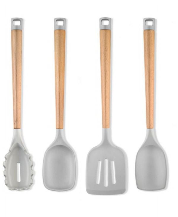 Beechwood and Gray Silicone 4-Piece Kitchen Tool Set
