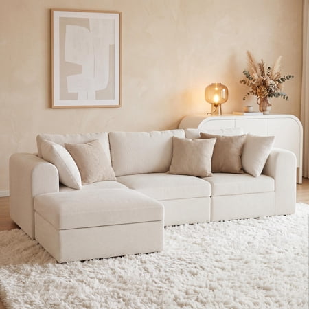 Skandiquip 103.5" Modular Cloud L-Shaped Corduroy Sofa, 720lbs Weight Capacity No Assembly, Boneless Convertible Sectional Couch with Deep Seating, Beige