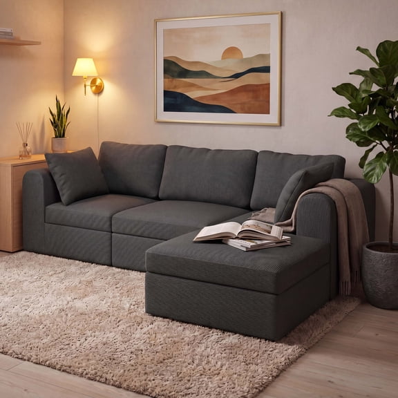 Skandiquip 103.5" Modular Cloud L-Shaped Corduroy Sofa, 720lbs Weight Capacity No Assembly, Boneless Convertible Sectional Couch with Deep Seating, Gray
