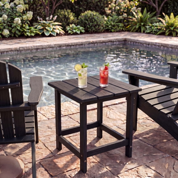 Skandiquip 17" Square Adirondack Outdoor Side Table, All Weather Weathered Wood HDPE Patio End Table with Shelf, 180 lbs Weight Capacity, Black