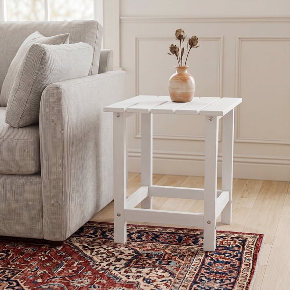 Skandiquip 17" Square Adirondack Outdoor Side Table, All Weather Weathered Wood HDPE Patio End Table with Shelf, 180 lbs Weight Capacity, White