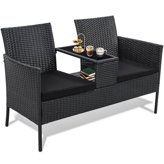 Skandiquip 2 Seat Patio Conversation Set, Outdoor Rattan Wicker Loveseat with Built-in Coffee Table, Removable Cushions, All Weather Patio Furniture for Backyard Garden Lawn Balcony Porch, Black