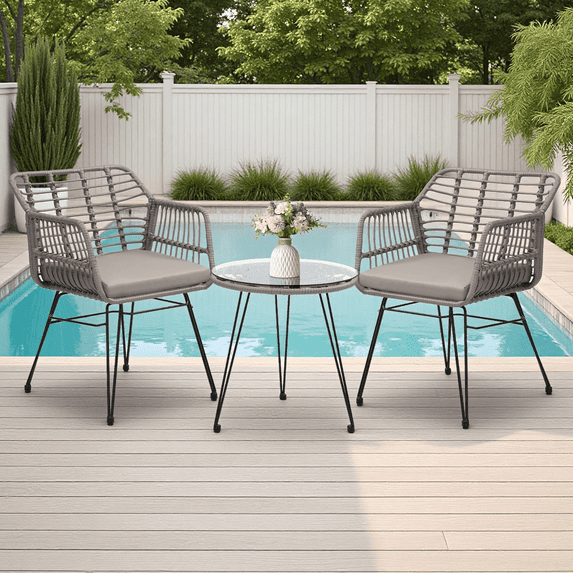 Skandiquip Small Patio Furniture Set, 3-Piece Outdoor Wicker Bistro Set for Front Porch, Balcony, Includes 2 Chairs with Matching Wicker Table,Grey