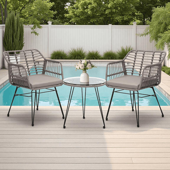 Skandiquip Small Patio Furniture Set, 3-Piece Outdoor Wicker Bistro Set for Front Porch, Balcony, Includes 2 Chairs with Matching Wicker Table,Grey
