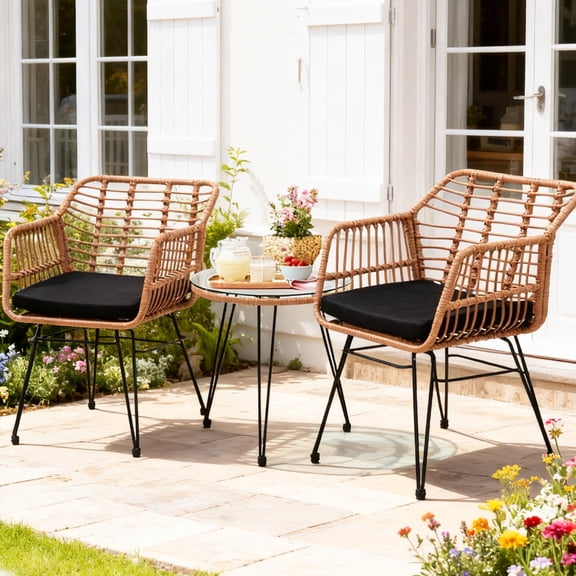 Skandiquip Small Patio Furniture Set, 3-Piece Outdoor Wicker Bistro Set for Front Porch, Balcony, Includes 2 Chairs with Matching Wicker Table, Natural