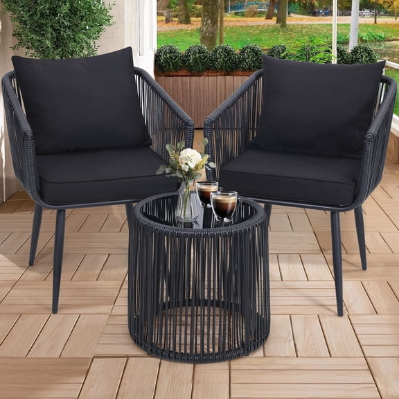 Skandiquip 3-Piece All-Weather Wicker Conversation Rattan Bistro Set, Patio Furniture with Glass Table for Outdoor Balcony Backyard Porch, Beige