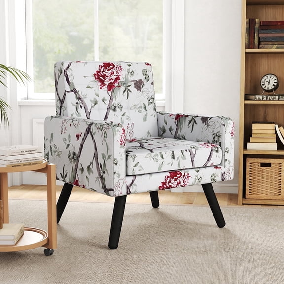 Skandiquip 31" Mid Century Modern Accent Chair, Upholstered Cozy Single Sofa Chair with Solid Legs, Extra Large Seat, 496 Lb Capacity for Living Room Bedroom, Red Floral