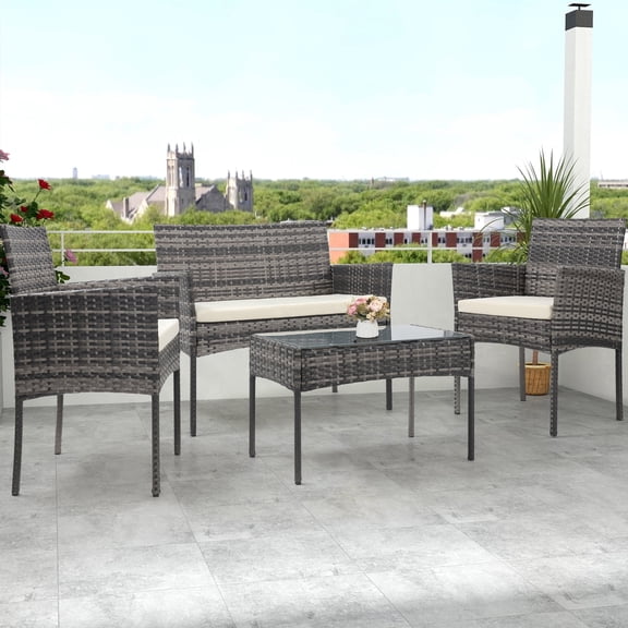 Skandiquip 4 Piece Patio Furniture Set, Porch Furniture Wicker Conversation Set with Coffee Table and 2 Arm Chairs, Washable Covers, Ombre Gray