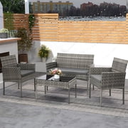Skandiquip 4 Piece Patio Furniture Set, Porch Furniture Wicker Conversation Set with Coffee Table and 2 Arm Chairs, Washable Covers, Gray