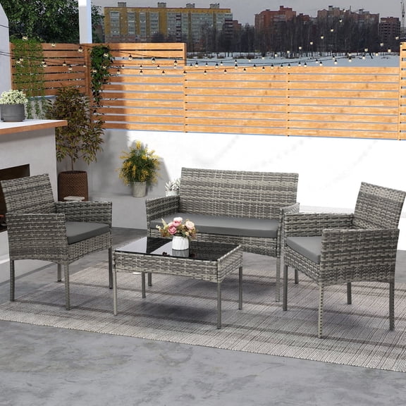 Skandiquip 4 Piece Patio Furniture Set, Porch Furniture Wicker Conversation Set with Coffee Table and 2 Arm Chairs, Washable Covers, Gray
