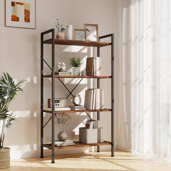 Skandiquip 4‑Tier Industrial Etagere Bookshelf, Rustic Wood & Metal Open Storage Shelving Unit, Walnut