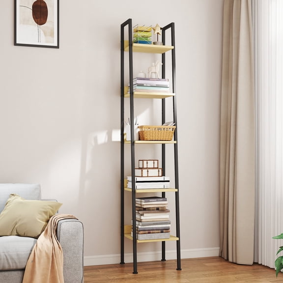 Skandiquip 5-Tier Leaning Ladder Shelf, Wood and Metal Multifunctional Display Storage Rack for Living Room Bedroom