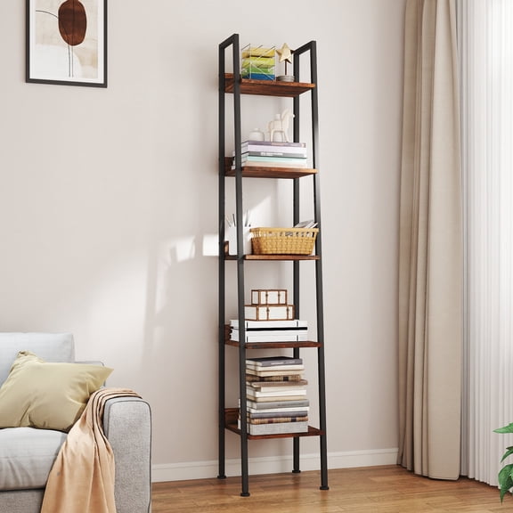 Skandiquip 5-Tier Leaning Ladder Shelf, Wood and Metal Multifunctional Display Storage Rack for Living Room Bedroom