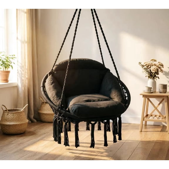 Skandiquip 55" Macrame Hanging Swinging Hammock Chair, Premium Handwoven Macrame with Oversized Cushion, for Porch, Balcony & Bedroom