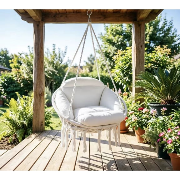 Skandiquip 55" Macrame Hanging Swinging Hammock Chair, Premium Handwoven Macrame with Oversized Cushion, for Porch, Balcony & Bedroom