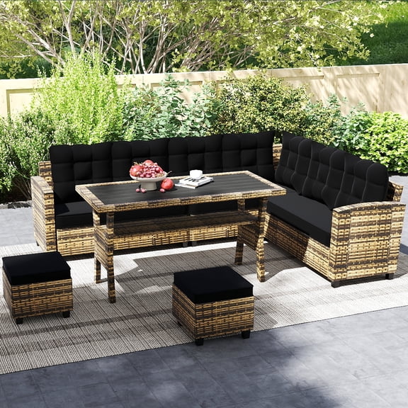 Skandiquip 6 Piece Outdoor Wicker Patio Sectional Furniture Set, 2 Sofas   2 Ottomans with Coffee Table, All Weather Conversation Set for Patio Deck Poolside