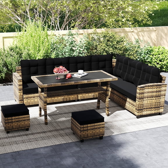 Skandiquip 6 Piece Patio Furniture Set, Wicker Outdoor Conversation Set with 3 loveseats, Dining Table and 2 Ottomans, Black