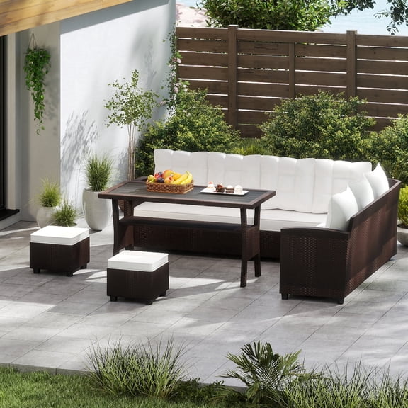 Skandiquip 6 Piece Patio Furniture Set, Wicker Outdoor Conversation Set with 3 loveseats Dining Table and 2 Ottomans, White