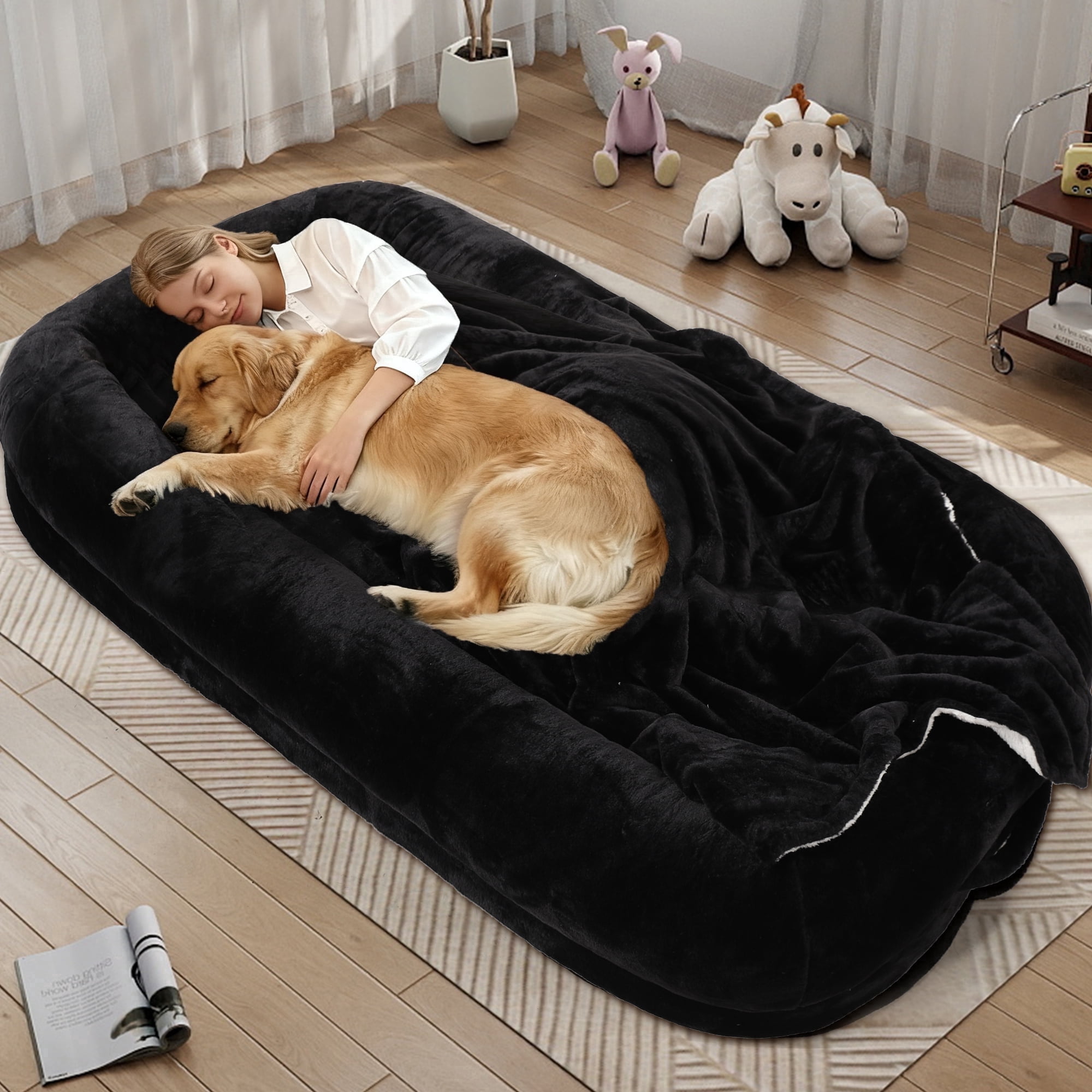 Skandiquip Human Dog Bed for Pets and Adults, 71"x43"x10" Orthopedic Memory Foam Lounger, Washable Faux Fur Cover with Blanket, Non-Slip Elastic Base, Black